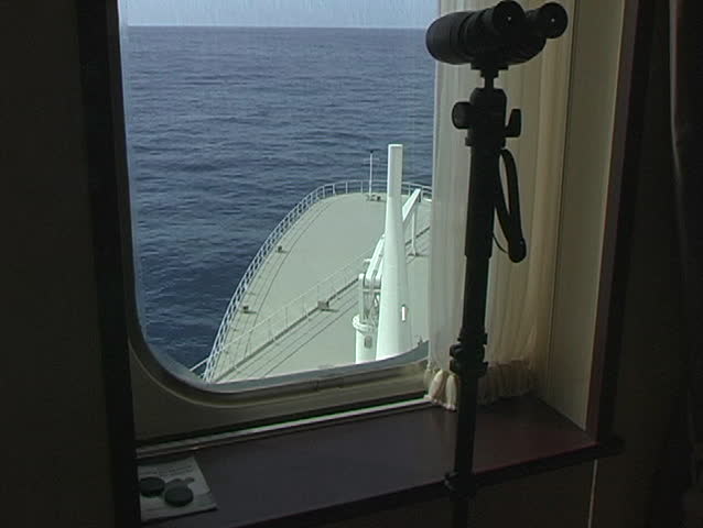 Queen Mary 2, ocean liner, lavish suite, forward to sea, with binoculars to peer ahead