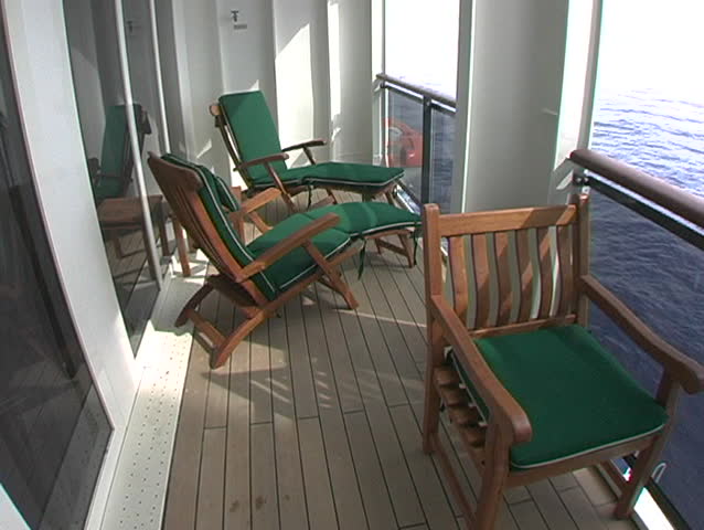 ocean liner, lavish suite, outside balcony, redwood chairs