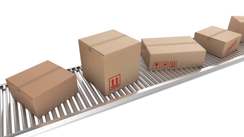 Animation of cardboard boxes on a conveyor belt, loopable.