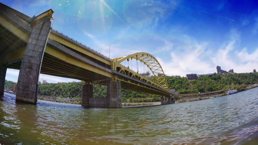 An extreme fish eye view of the Fort Pitt Bridge in downtown Pittsburgh, Pennsylvania.