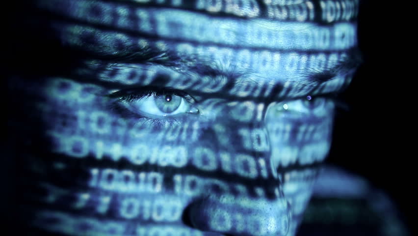 ID theft looking at the camera with binary codes reflections and animations
