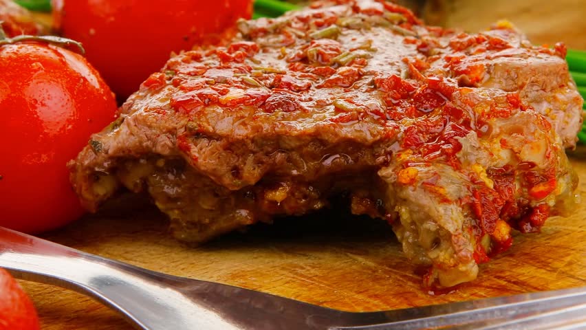 spicy meat on wood with pepper and chives 1920x1080 intro motion slow hidef hd