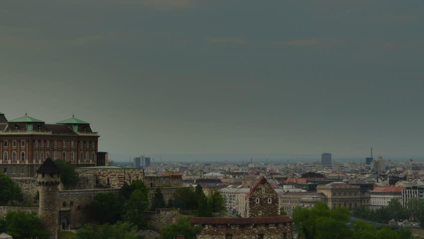 Budapest skyline with Buda castle river zoom out 