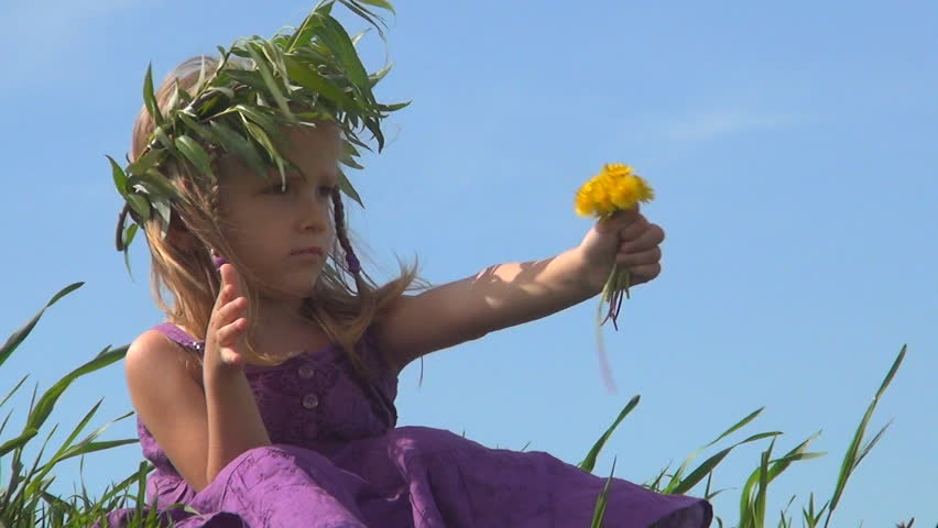 Child with Willow Wreath Playing with Flowers on a Filed, Meadow, Children