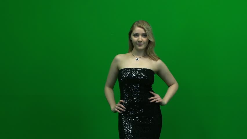 blond women posing in elegant dress isolated against green screen 1080