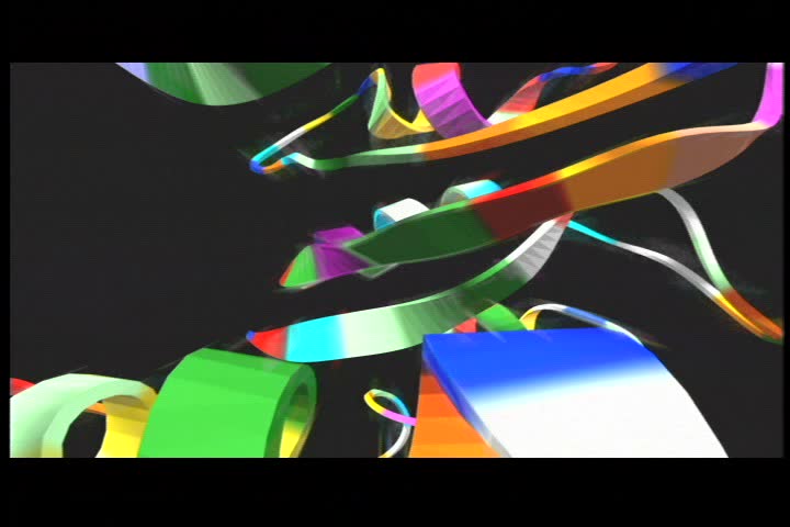 Twirling protein chain begins to twist and turn. Is joined by more protein chains which attach themselves to original protein. Dissolves to the four amino acid molecules.