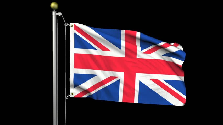 Seamless looping high definition video of the British flag waving on a flag pole with luma matte included.  Flag has an accurate design and a detailed fabric texture with partial transparency.  