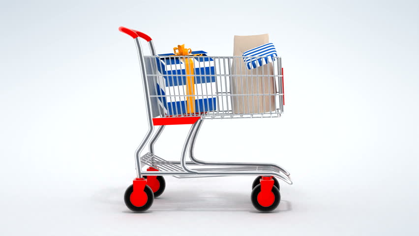 Empty shopping cart moves from the left, stops at the center, fills by food products and moves away. Seamless loop 3d animation.