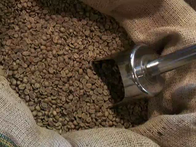 sack of coffee beans with scoop