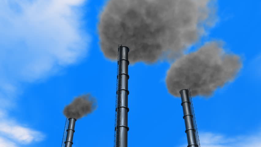 Chimneys 01 (HD) - Motion background with three smoking chimneys on the blue sky. Disgusting black smoke. Great for environmental concepts.
