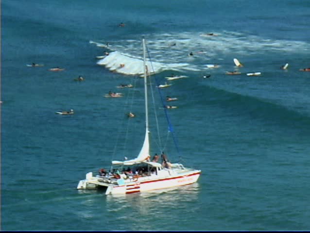 Ship off of Waikiki Beach with Diamond  Head in background.