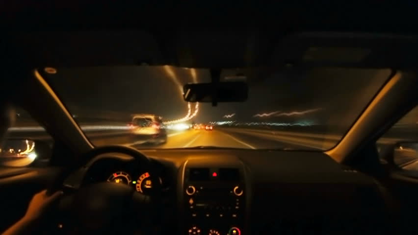 Timelapse of driving at night with camera in car 		 