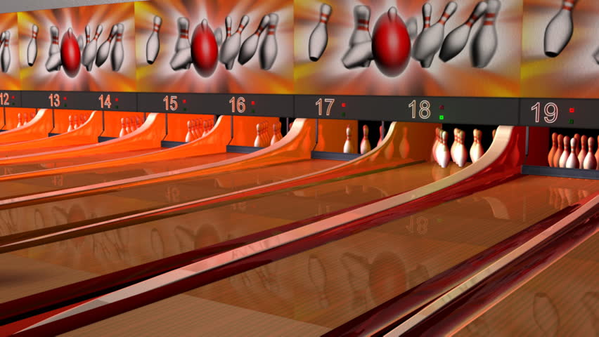 A loopable 3D animation of a bowling alley, at an angle. The ball makes a strike, then the sweep removes fallen pins. They are reset by the pinsetter and the process can repeat.