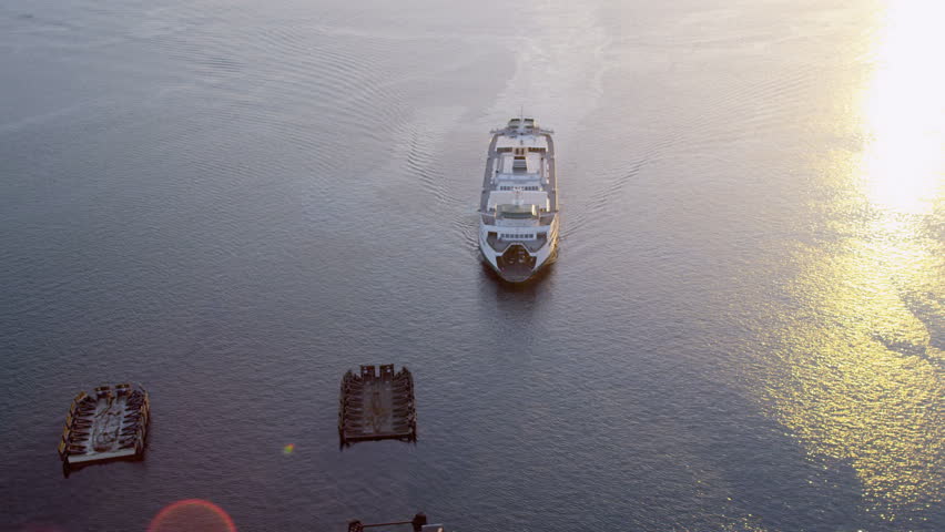 Aerial sunset view with Inter Island Car ferry terminal Elliott Bay, Puget Sound, Seattle, Pacific Northwest, USA, RED EPIC, 4K, UHD, Ultra HD resolution