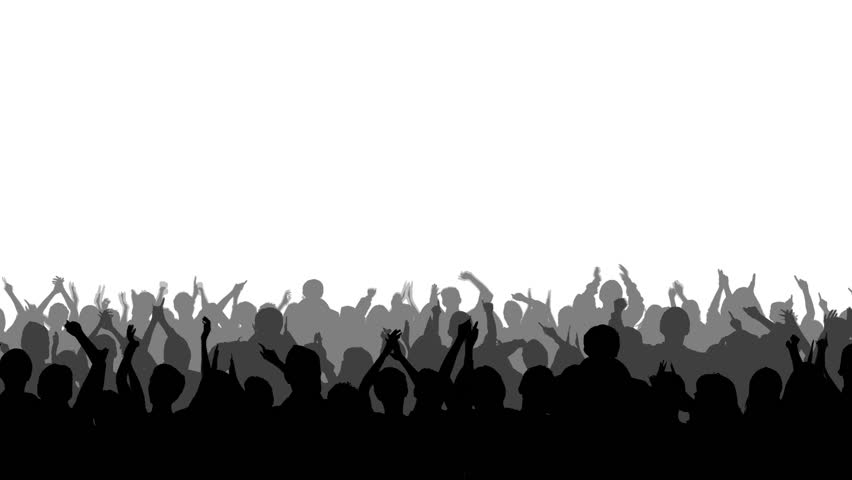 Crowd of cheering silhouettes isolated over white.