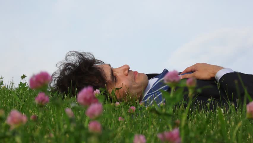happy handsome man lying on green grass and field flowers 