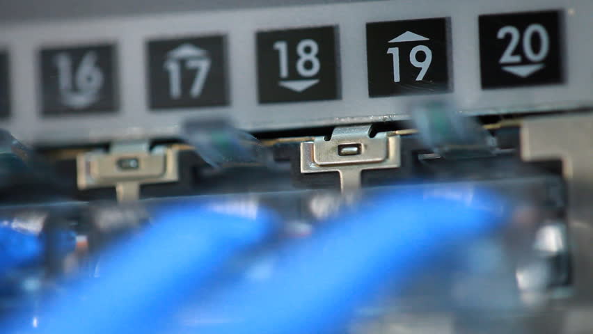 A macro shot of an Ethernet network switch