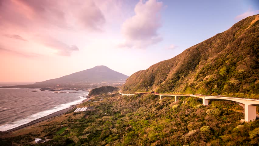 Hachijojima, Tokyo, Japan at Route 215. Though administered by the Tokyo government, the island is located 287km offshore in the Philippine Sea.
