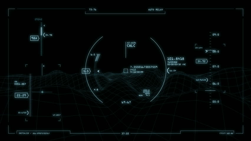 Futuristic heads-up display interface animation which can be used on a computer screen or in a cockpit. (Loop)