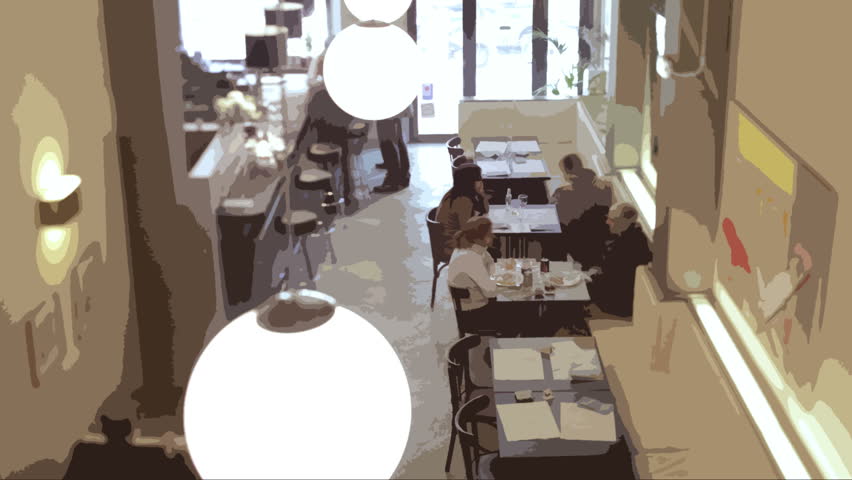 a timelapse shot at a busy stylish restaurant, with filter