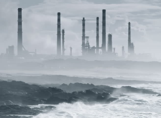 Ecological disaster with plant at the shore of sea 