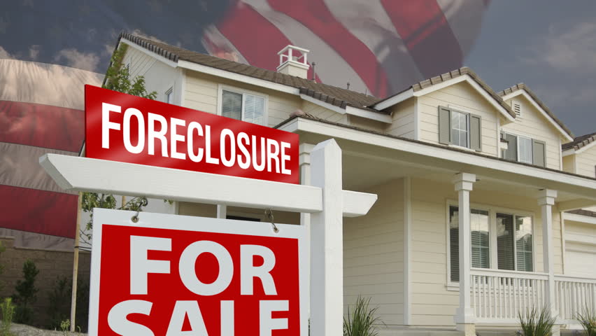 Waving Flag, Time-lapse Clouds and Foreclosure Sign with House