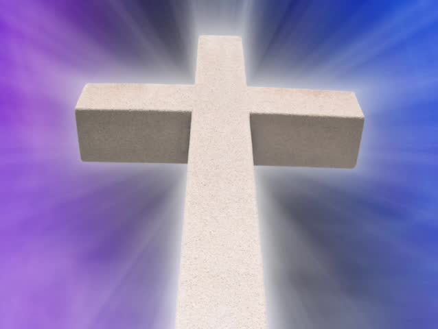 Seamless Loop with white cross with motion background of purple and blue with light rays emanating from the cross. SD 480p