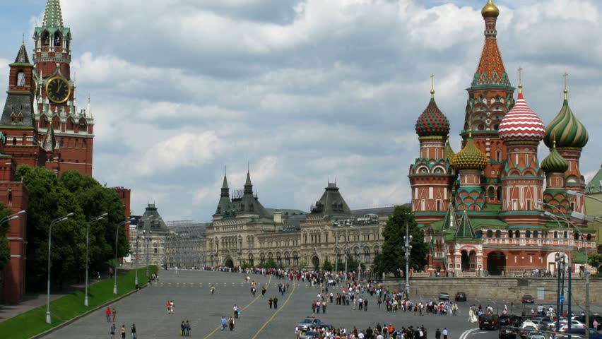 Kremlin and Cathedral of Vasily the Blessed on Red Square. Summer day. Time lapse. 