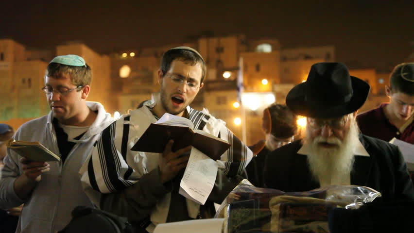 JERUSALEM, ISRAEL Ã¢â¬â SEP 18: Midnight prayers are reciting Slihot (penitential prayers) and imploring until Yom Kippur at the Western Wall, September 18, 2009.