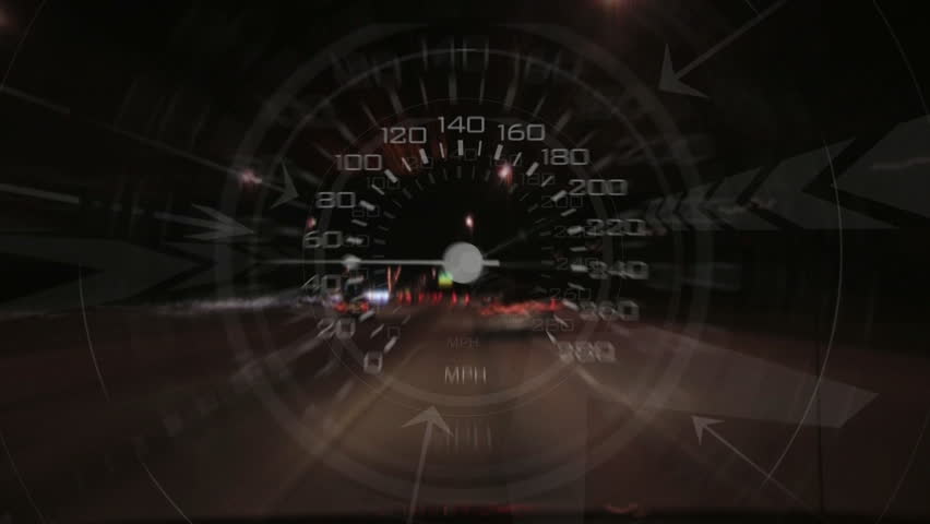 An energetic speedometer design composited over time lapse footage of driving at night. 