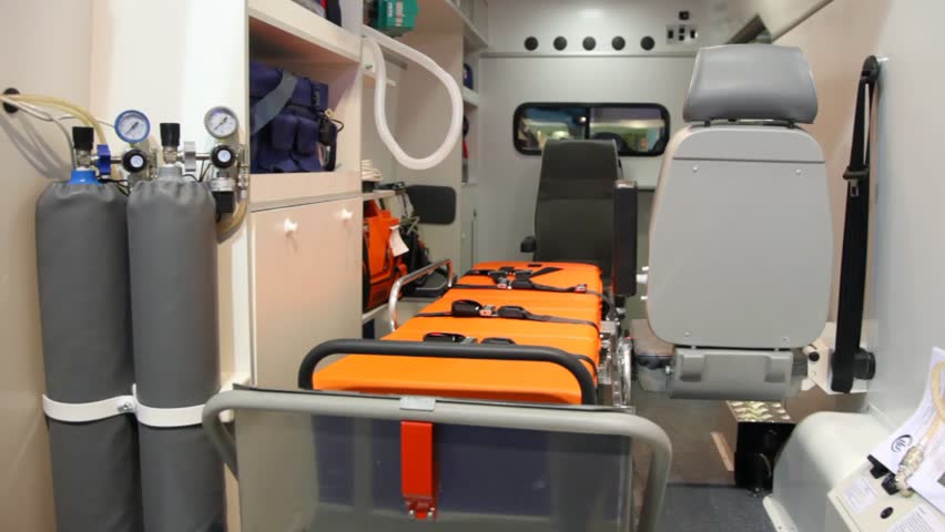 new cabin of car of urgent help inside with couch, balloon and medicament 