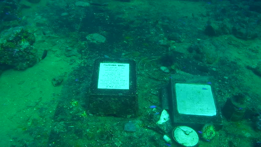 Sunken ship "Fujikawa Maru" memorial plaque, Truk Lagoon, Micronesia  