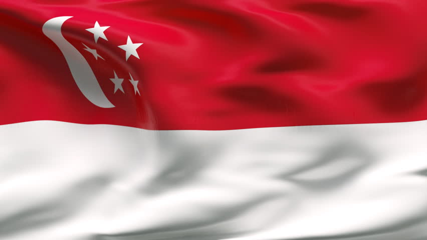 Creased Singapore cotton flag with visible stitch and seams in slow motion