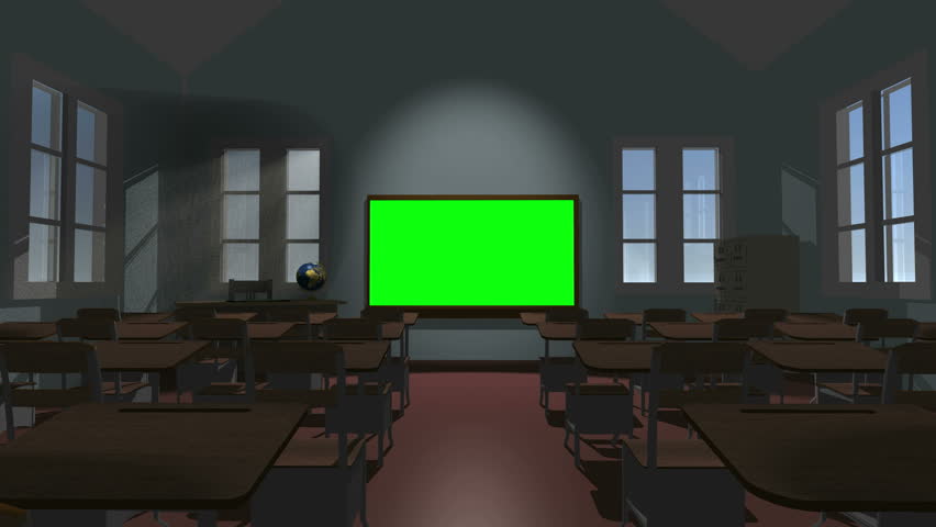 Animation of a one room schoolhouse, dolly up isle while centering on a key-green "chalkboard," ready for customized graphics or video