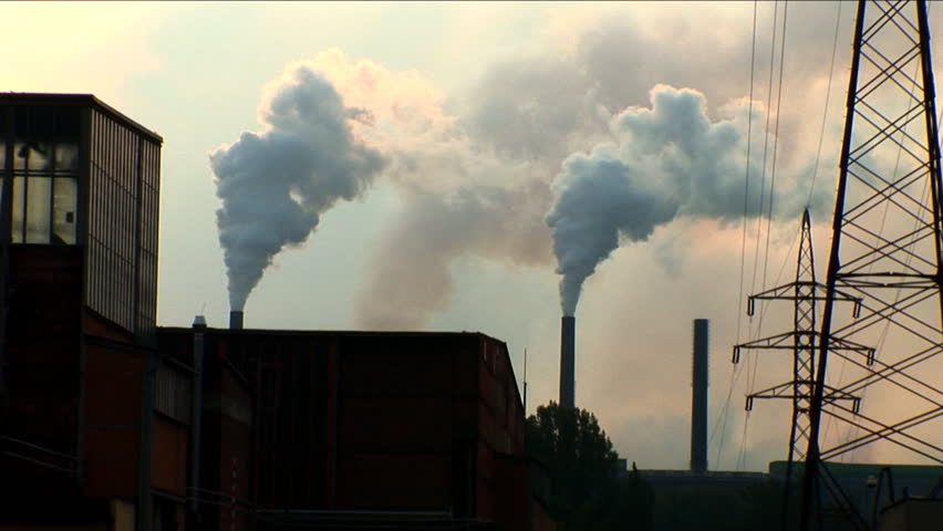 Smoke pollution from chimney stacks of steel factory