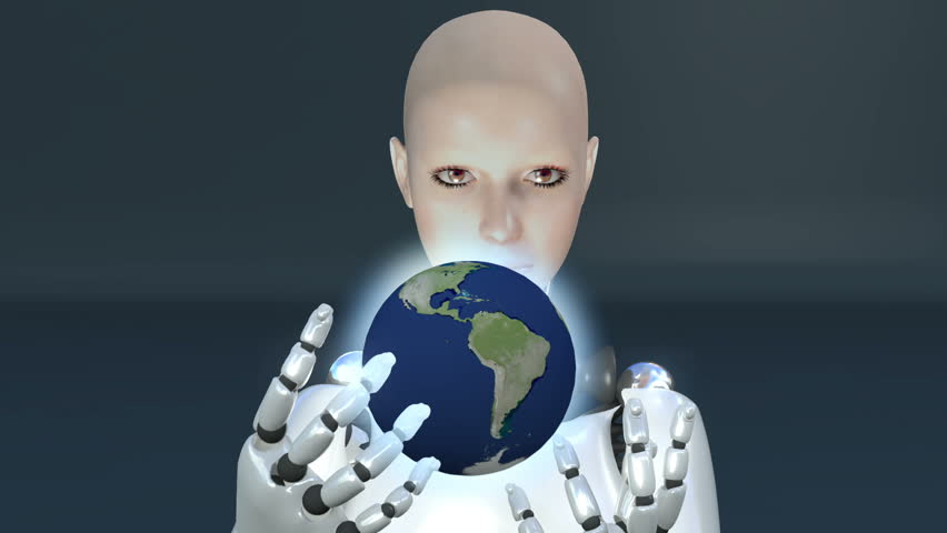 robot android woman holding a globe of the planet earth (map public domain courtesy of NASA) beautiful 3d rendering with matte for easy compositing into your own scenes