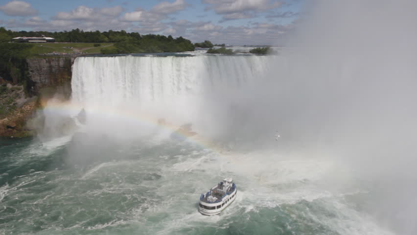 Niagara Falls with rainbow below and a Maid of the Mist tour boat turning around in the current.