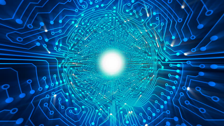 Flight through a data stream with acceleration. Electrical particles flowing continuously to the main processor on a circuit board. Shiny effect with rays. Tracking shot. CG 3D-Animation in HD 1080p.