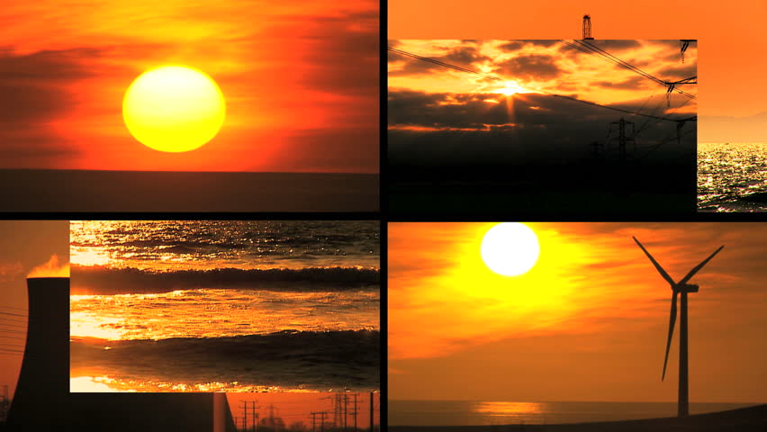 Montage of moving panels at sunset of fossil fuel production & alternative clean renewable power sources