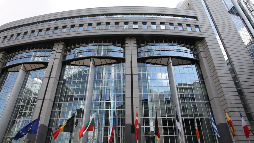 European Parliament in Brussels and flags of member states (B-F).