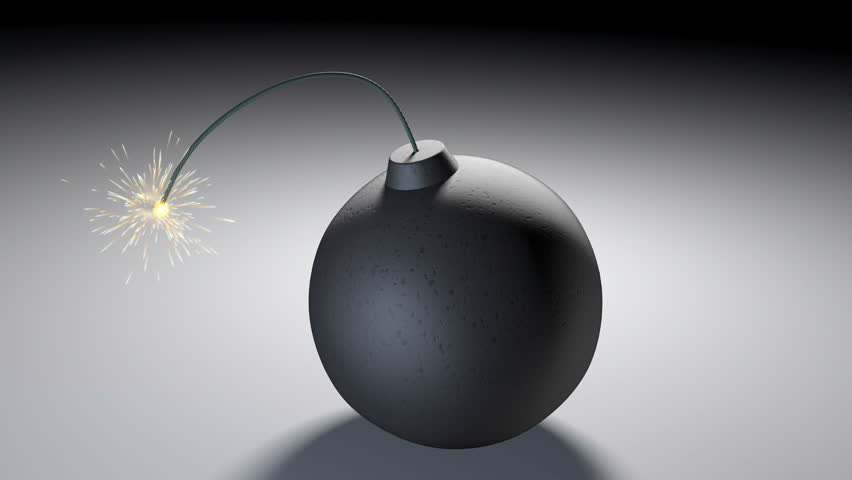 A 1080p video of a bomb lit fuse burning out and then exploding leaving a blast mark(16:9).