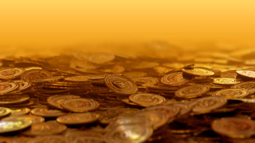Money fly through. Seamless loop, depth of field. Abstract coins with readable number 50.