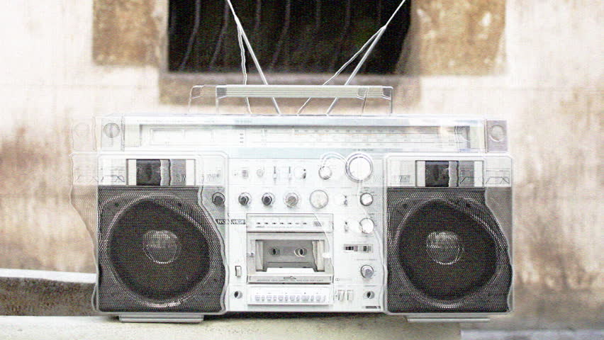 stop-motion of a retro stereo ghetto-blaster in different urban locations, tracked so it looks almost in the same place in each shot