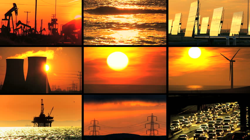 Montage collection at sunset of clean renewable energy sources contrasting with scenes of fossil fuel pollution
