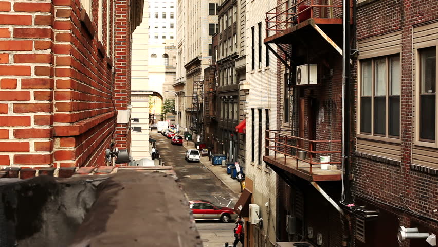 A rooftop shot looking down an alleyway in Philadelphia.