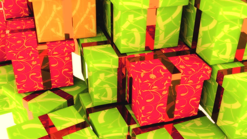 Computer generated colorful gifts with shiny ribbon setting in a pile. 
