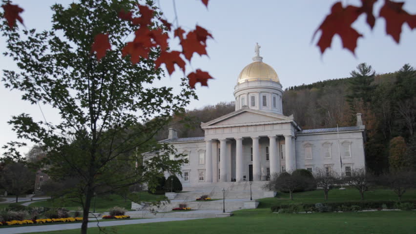 Static clip of the state capitol building of Vermont in Montpelier after sunset during Autumn.
