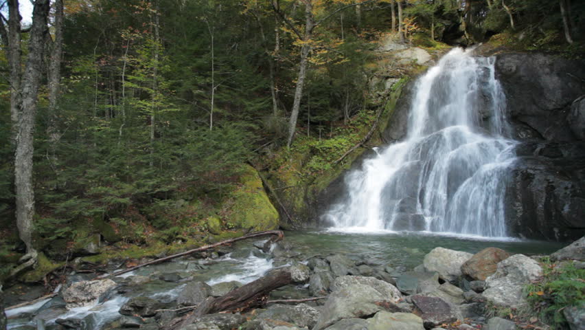 Moss Glen Falls in Addison County, Vermont (near Granville) on an early Autumn morning; includes ambient sound.