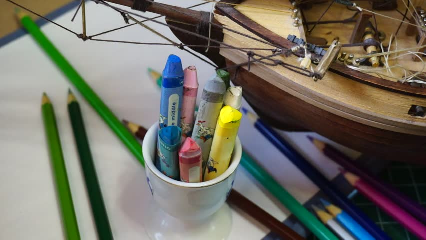 The Creative Producers Desktop With Stock Footage Video 100 The Creative Producer S Desktop With Ship And Pencils Direct Movement Of Camera