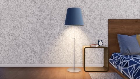 Close Up Of Modern Double Bed Two Night Tables And Floor Lamps Against Empty White Rough Textured Stucco Wall With Copy Space In Simple Minimalist Bedroom Interior 3d Animation Rendered In 4k